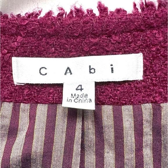 Cabi Cropped Bouclé Blazer, Burgundy Jacket, Fringe Trim, Women's Size 4 - Picture 2 of 7